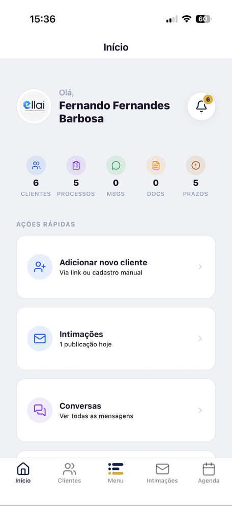Tela inicial do aplicativo do advogado, com clientes, processos, prazos e as ações rápidas