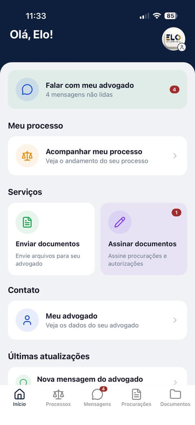 Nova tela inicial do aplicativo Elo Juris para o cliente
