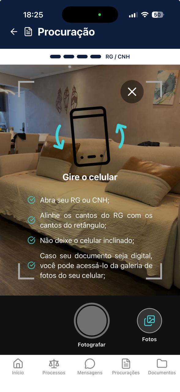 Documento: RG ou CNH é registrado de forma orientada pelo aplicativo.