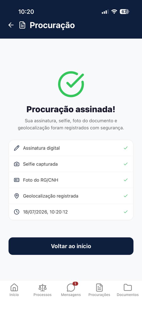 Concluída: Assinatura, selfie, documento e geolocalização ficam registrados.