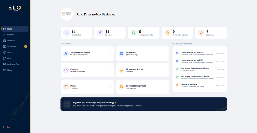 Nova tela inicial da plataforma web Elo Juris para o advogado